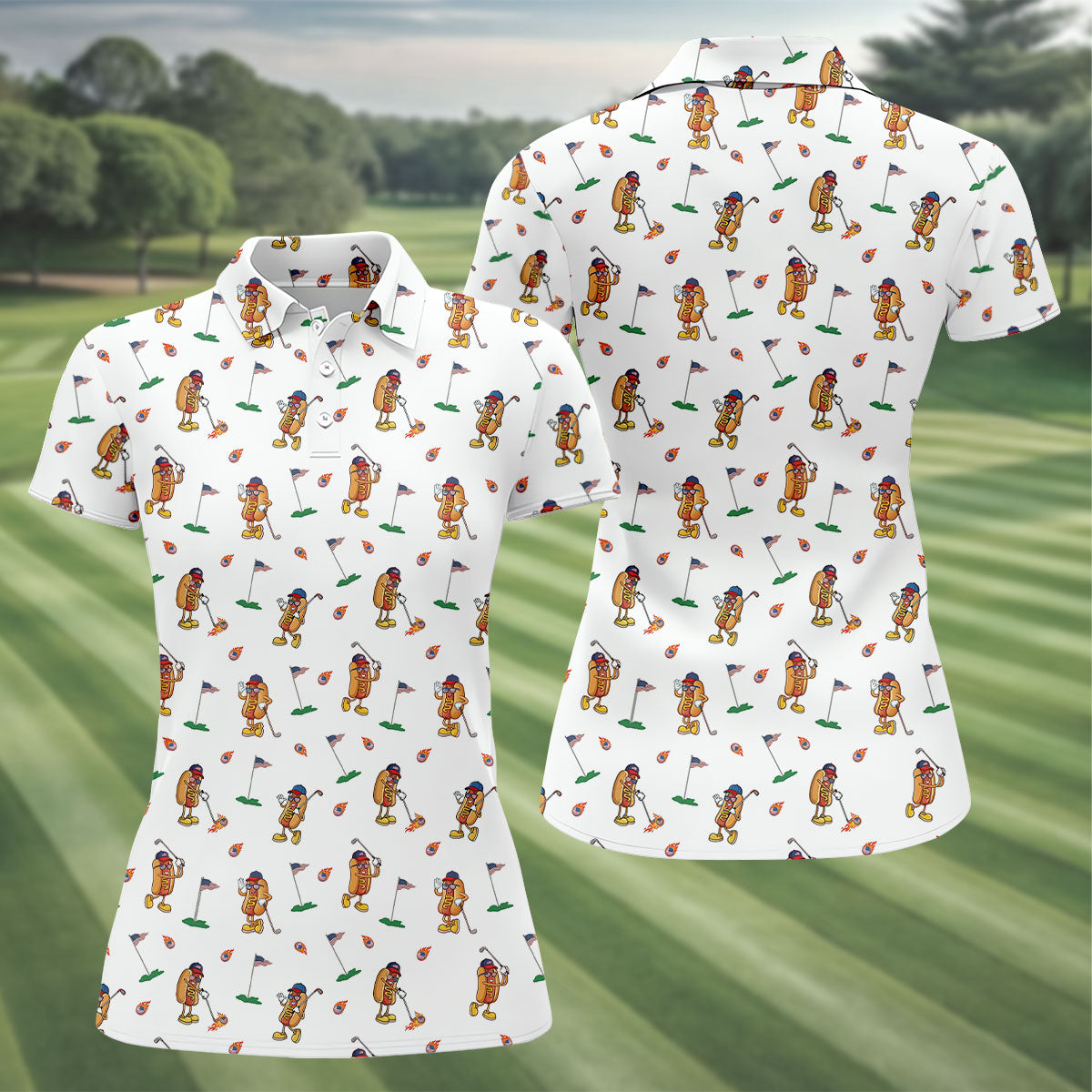 Cartoon Hot Dogs American Flag Pattern 250th Anniversary White Golf Shirt, Women's Golf Tops, Ladies Golf Shirt