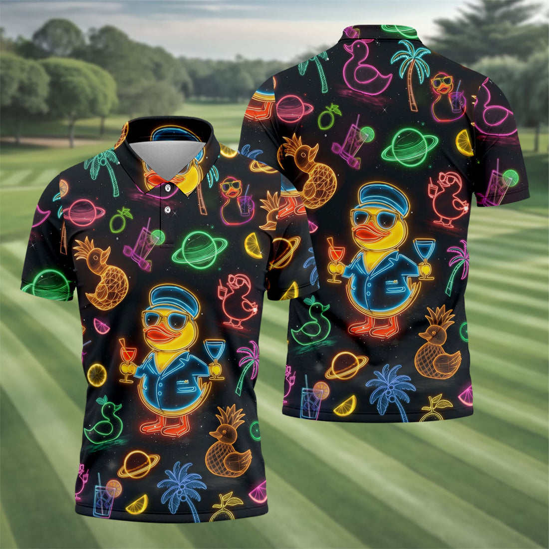 Jet Black Neon Duck Tropical Pattern Hawaiian Golf Shirt, Golf Shirts For Men, Polo Shirts For Men