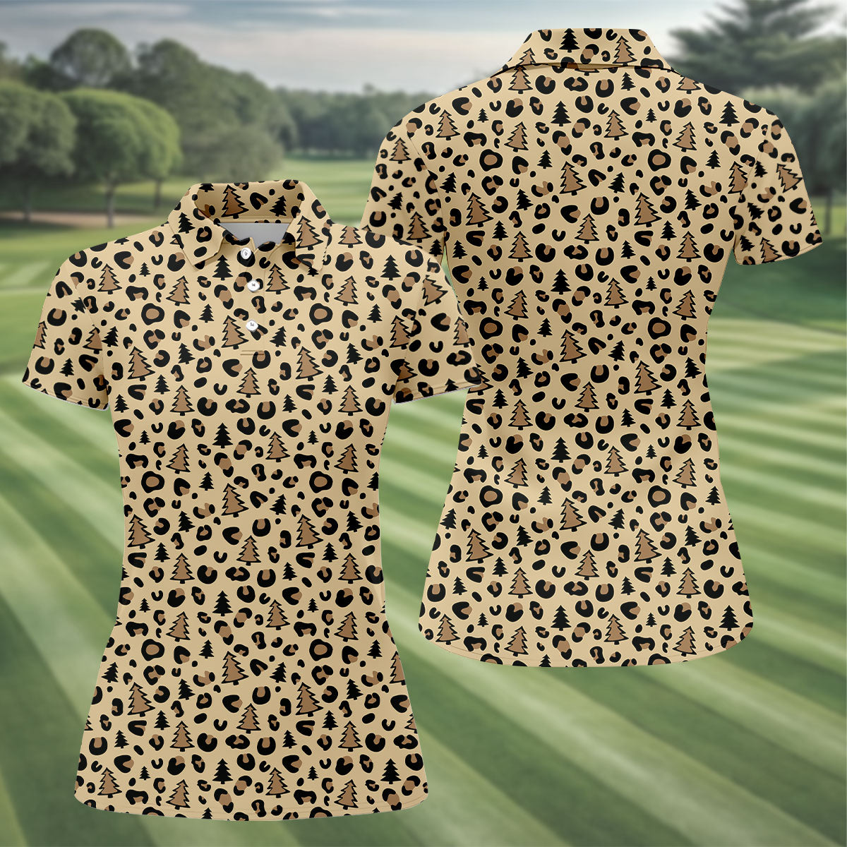 Xmas Pine Tree Leopard Pattern Brown Golf Shirt, Christmas Golf Shirt, Cute Golf Outfit, Women's Golf Shirts