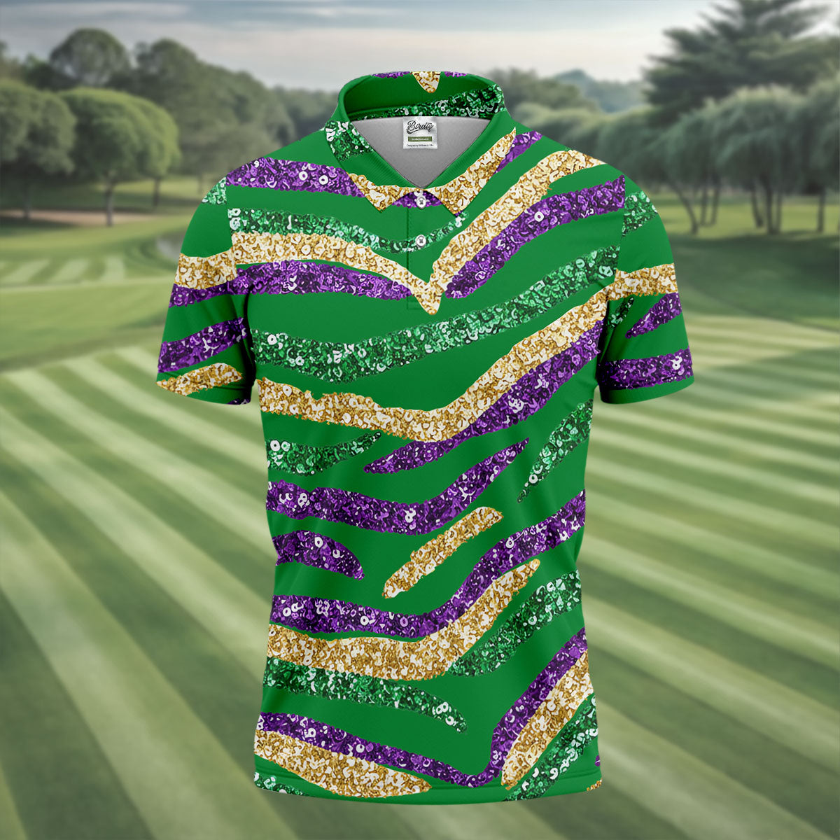 Purple Green Gold Sequin Pattern Green Golf Shirt, Mardi Gras Golf Shirt, Polo ShirtFor Men