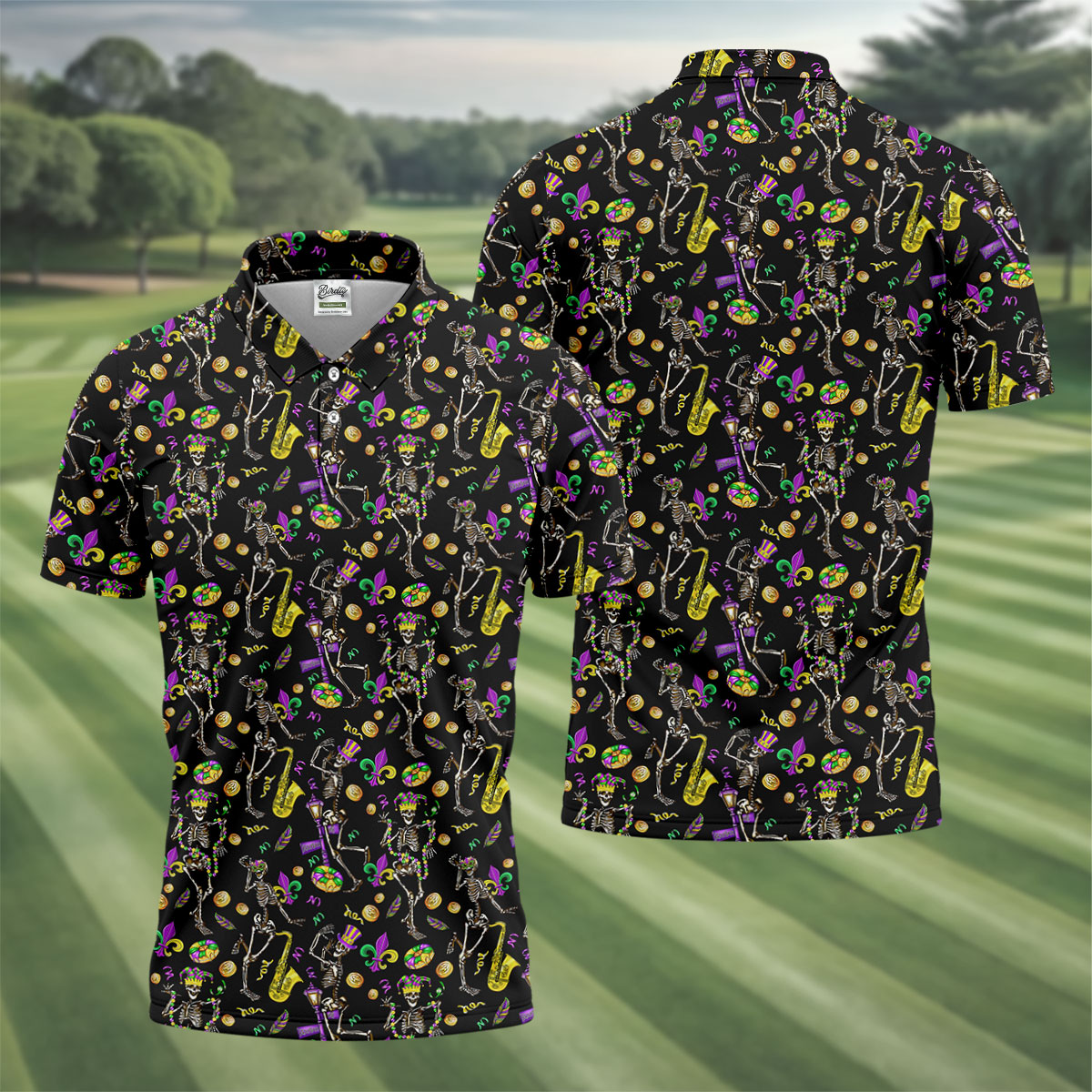 Dancing Skeleton Mardi Gras Fleur De Lis Black Golf Shirt, Polo ShirtFor Men, Golf Shirts For Men