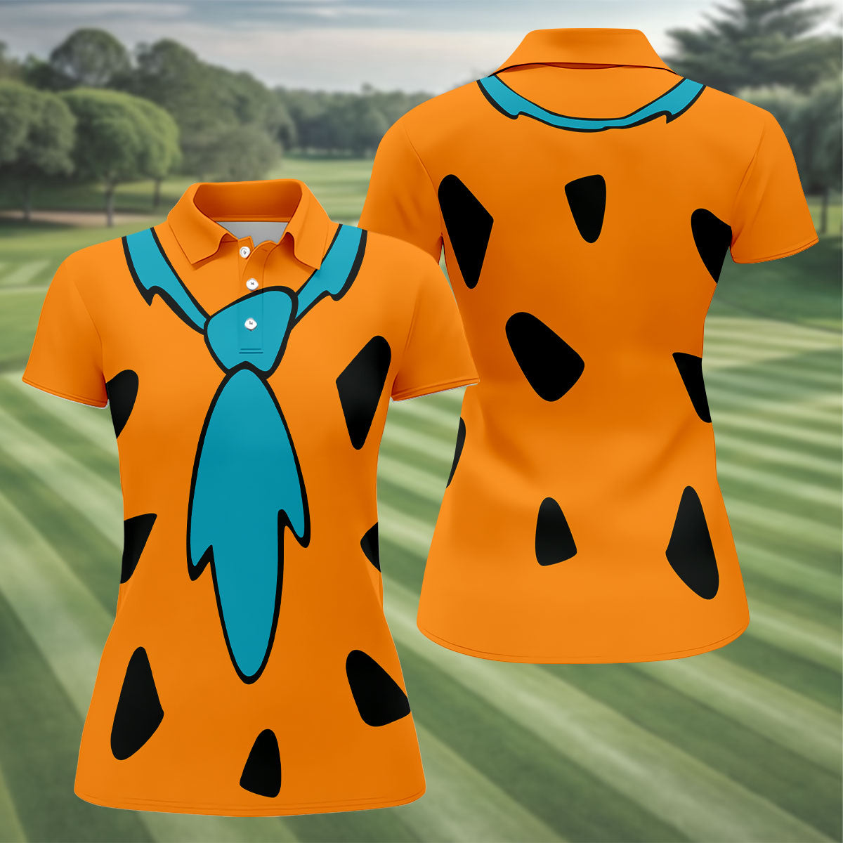 Orange Blue Stone Age Hawaiian Golf Shirt, Women’s Golf Apparel, Golf Shirts For Women