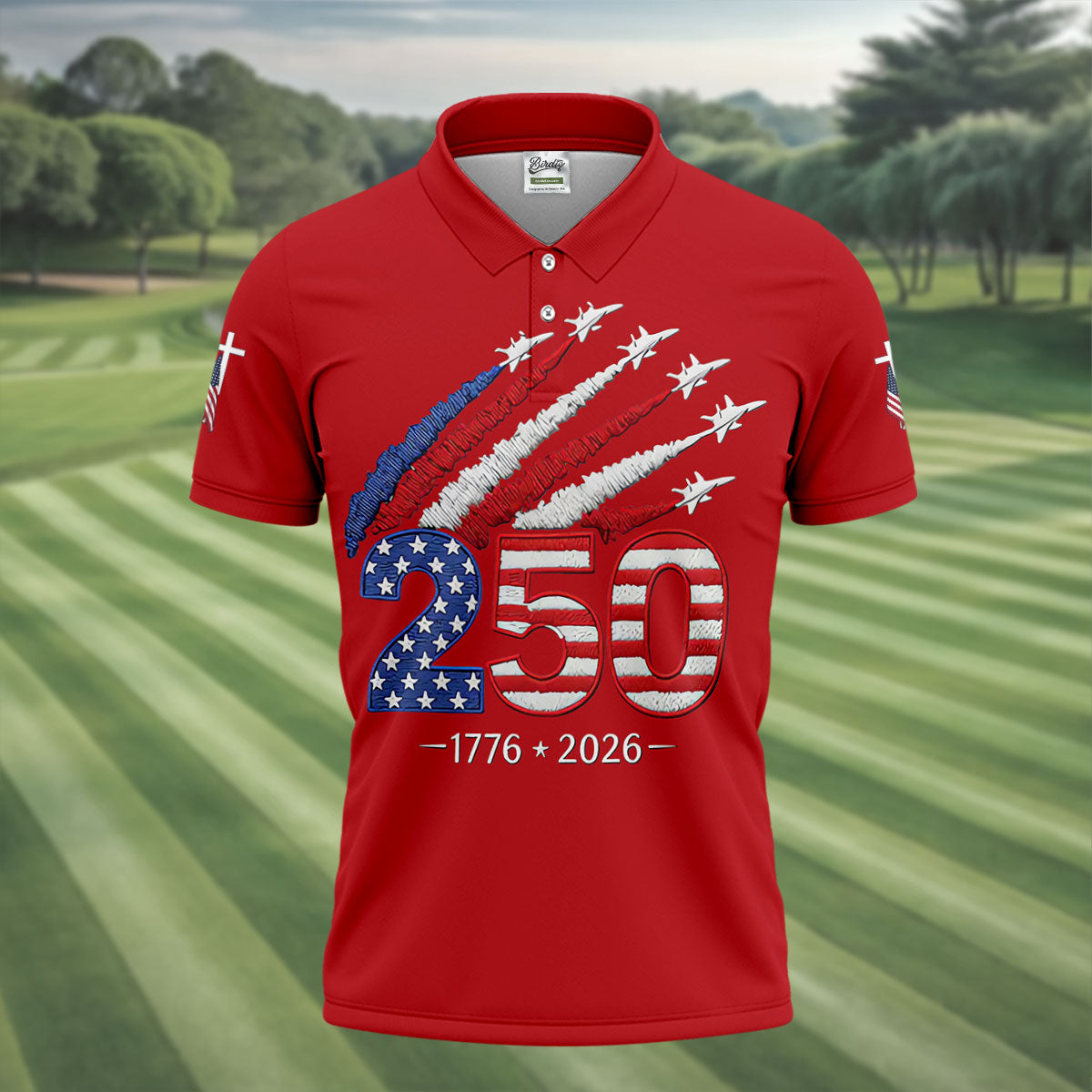 Flying Fighter Jets Faith Cross Patriotic 4th Of July Red Golf Shirt, 250 Years Golf Shirts For Men
