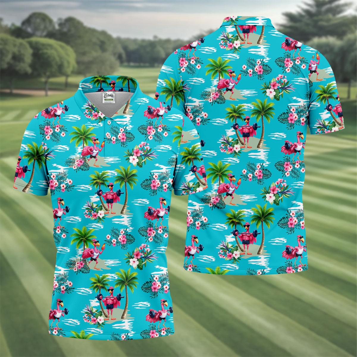 Funny Weightlifting Flamingo Tropical Hawaiian Golf Shirt, Mens Golf Polo, Printed Golf Shirts