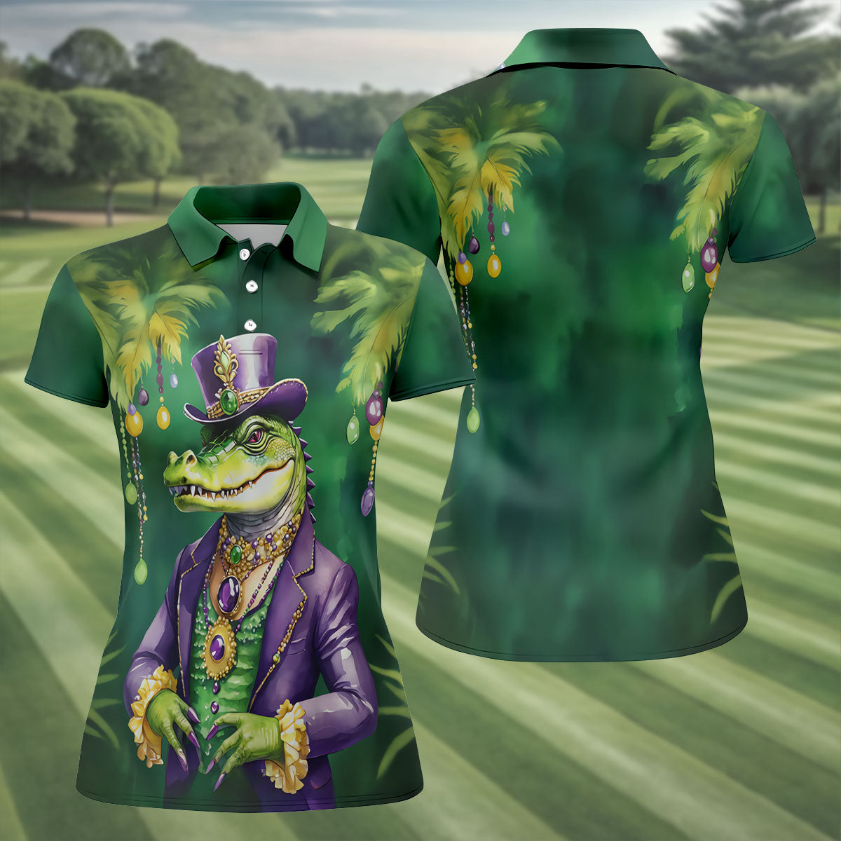 Mardi Gras Alligator Green Golf Shirt, Fun Women's Golf Shirts, Women's Golf Tops, Ladies Golf Polos