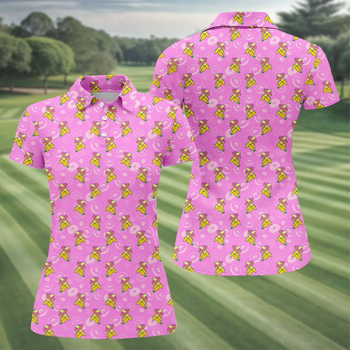 Banana And Donut Dirty Naughty Fun Women's Golf Shirts, Valentines Golf Gift, Hot Pink Color Ladies Golf Polos