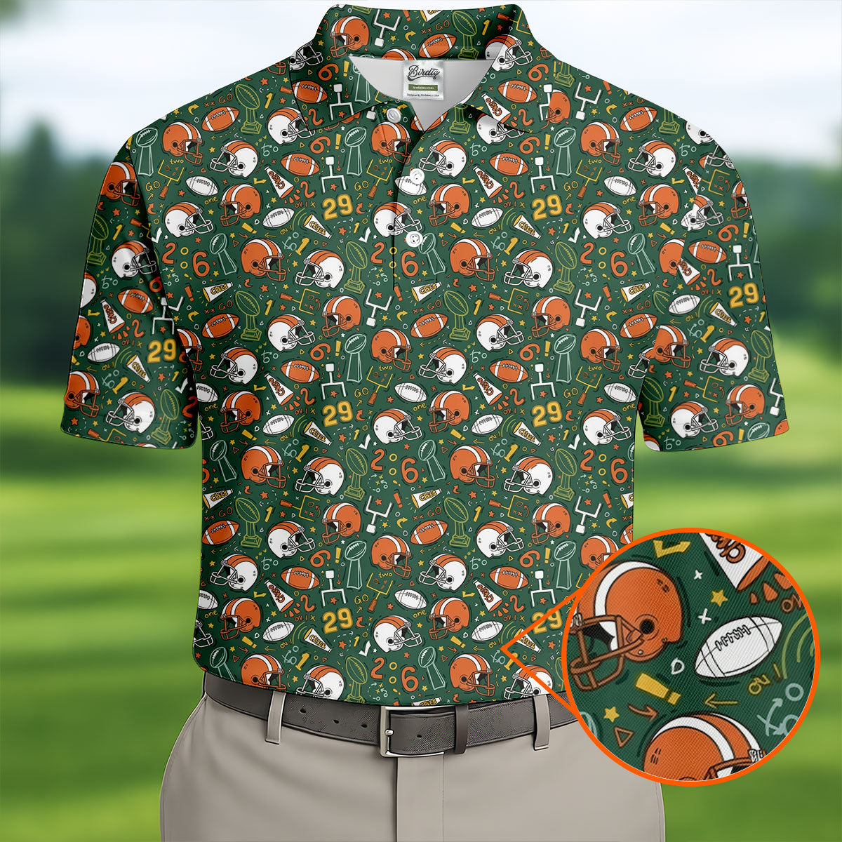 Orange And White Football Helmet Trophy Pattern Green Men Polo, Game Day Football Theme Polo For Men