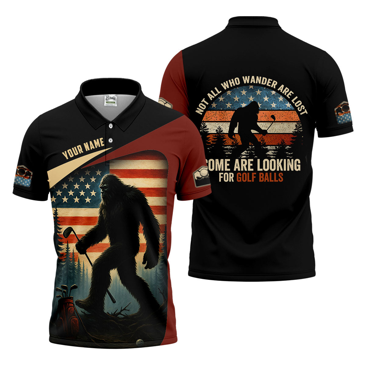 Bigfoot Golf Shirt, Patriotic Golf Polo Shirt Men's Long Seeve Golf Shirts, Golf Gifts For Men
