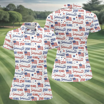 Semiquincentennial 250 Years Distressed American Flag Golf Shirt, Patriotic 4th Of July Golf Shirt For Women