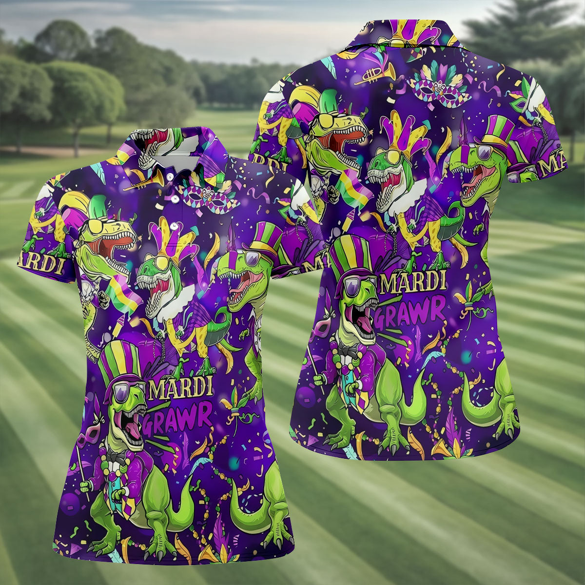 Mardi Grawr Purple Green Gold Funny Dinosaur Mardi Gras Golf Shirt, Women's Golf Tops, Ladies Golf Shirt