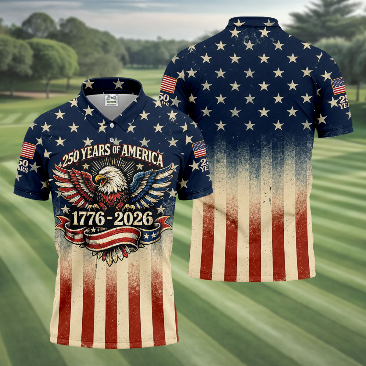 250 Years Bald Eagle US Flag Retro Golf Shirt, Patriotic 4th Of July Golf Shirts For Men
