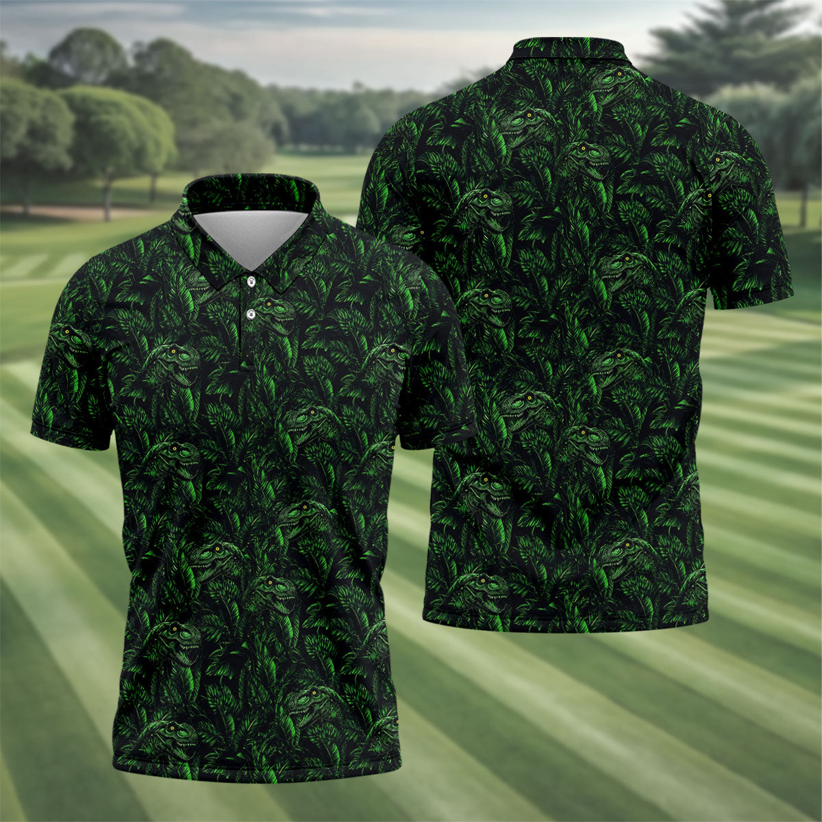 Dinosaurs In The Forest Deep Forest Green Hawaiian Golf Shirt, Polo Shirtor Men
