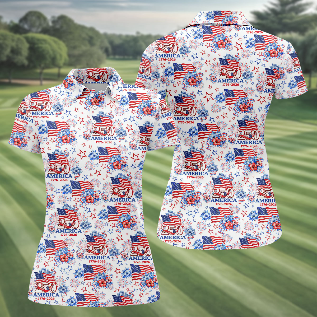 250 Years America 1776-2026 Hibiscus Tropical Flowers 4th Of July Golf Shirt, Golf Shirt For Women