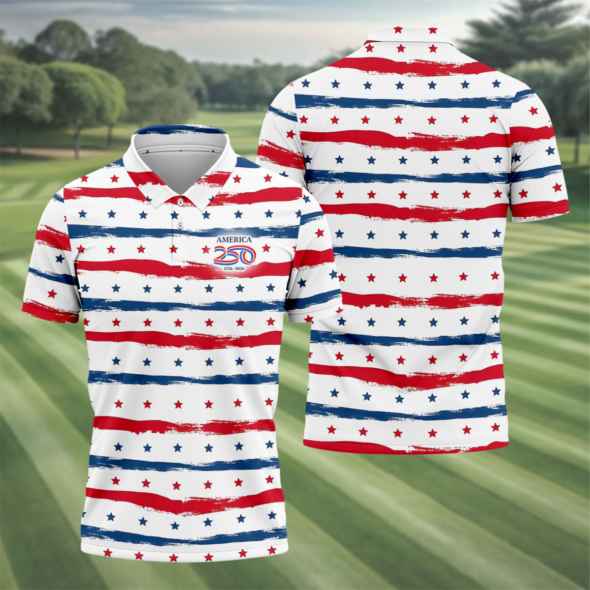 America 250 Red White Blue Stars And Stripes Golf Tops For Men, Patriotic 4th Of July Golf Shirts For Men