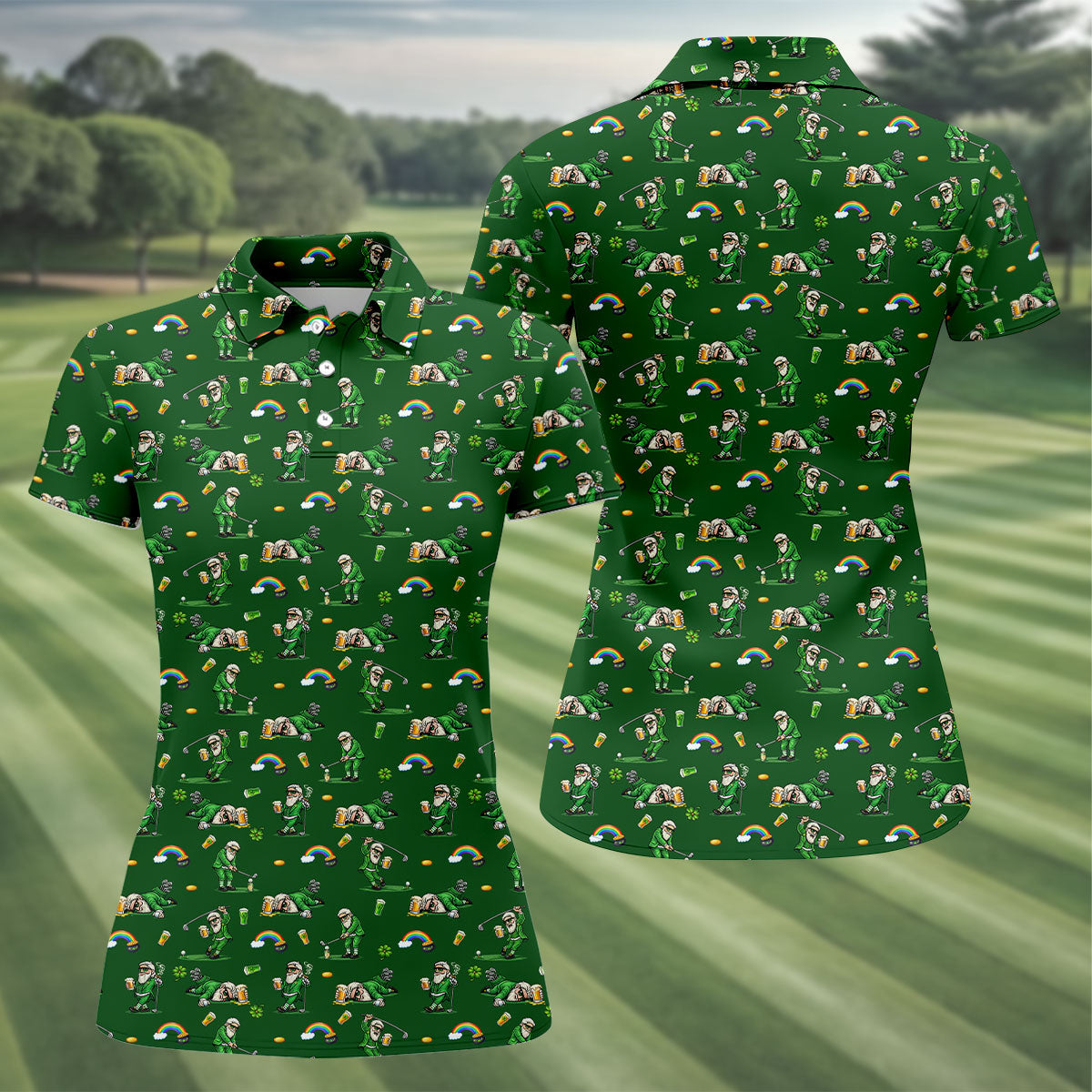 St Patrick's Day Leprechaun Character Golf And Beer Green Golf Shirt, Fun Women's Golf Shirts, Ladies Golf Polos