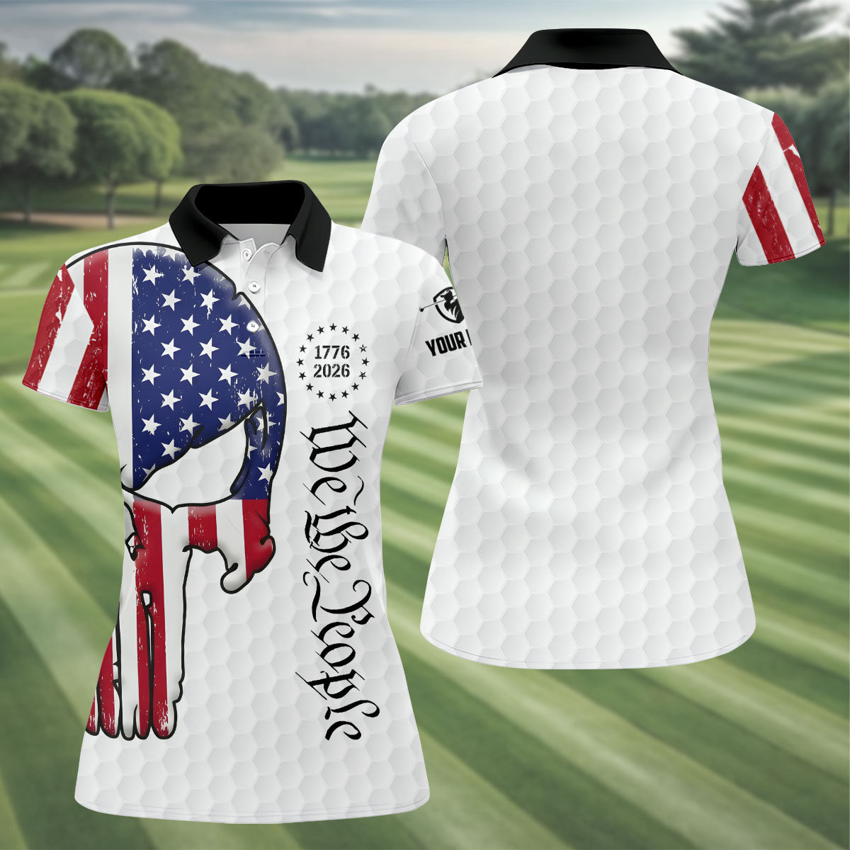 We The People 250 Celebration US Flag Pattern Skull Golf Shirt, Patriotic 4th Of July Golf Shirt For Women