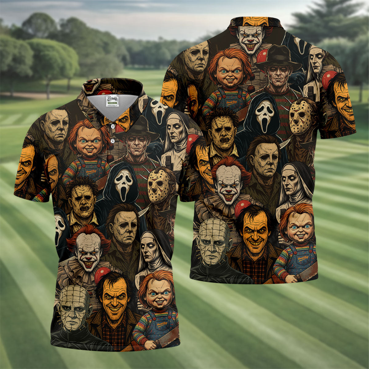 Horror Halloween Character Halloween Men's Polo Shirt Horror Movie Shirt, Mens Golf Shirts, Halloween Golf Shirt
