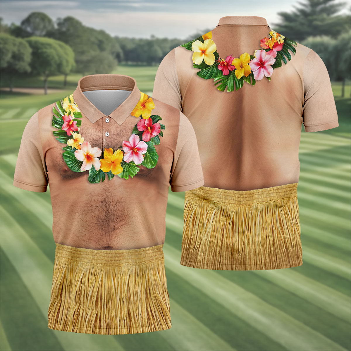 Floral Lei Tropical Theme Party Men's Funny Golf Shirts, Hawaiian Golf Shirt, Polo Shirtor Men