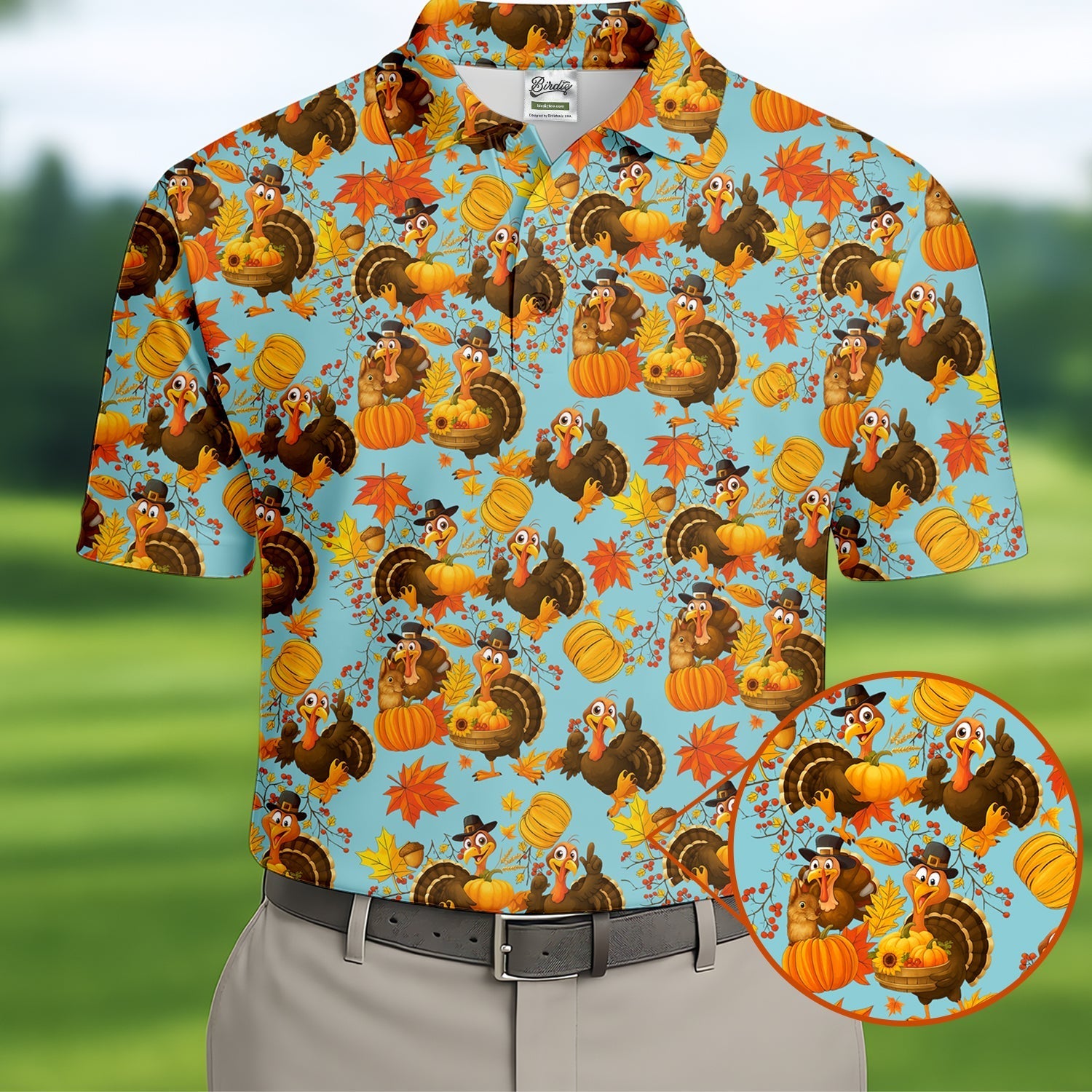 Turkey Pumpkin Thanksgiving Holiday Blue And Orange Polo Shirtor Men, Golf Gift For Men