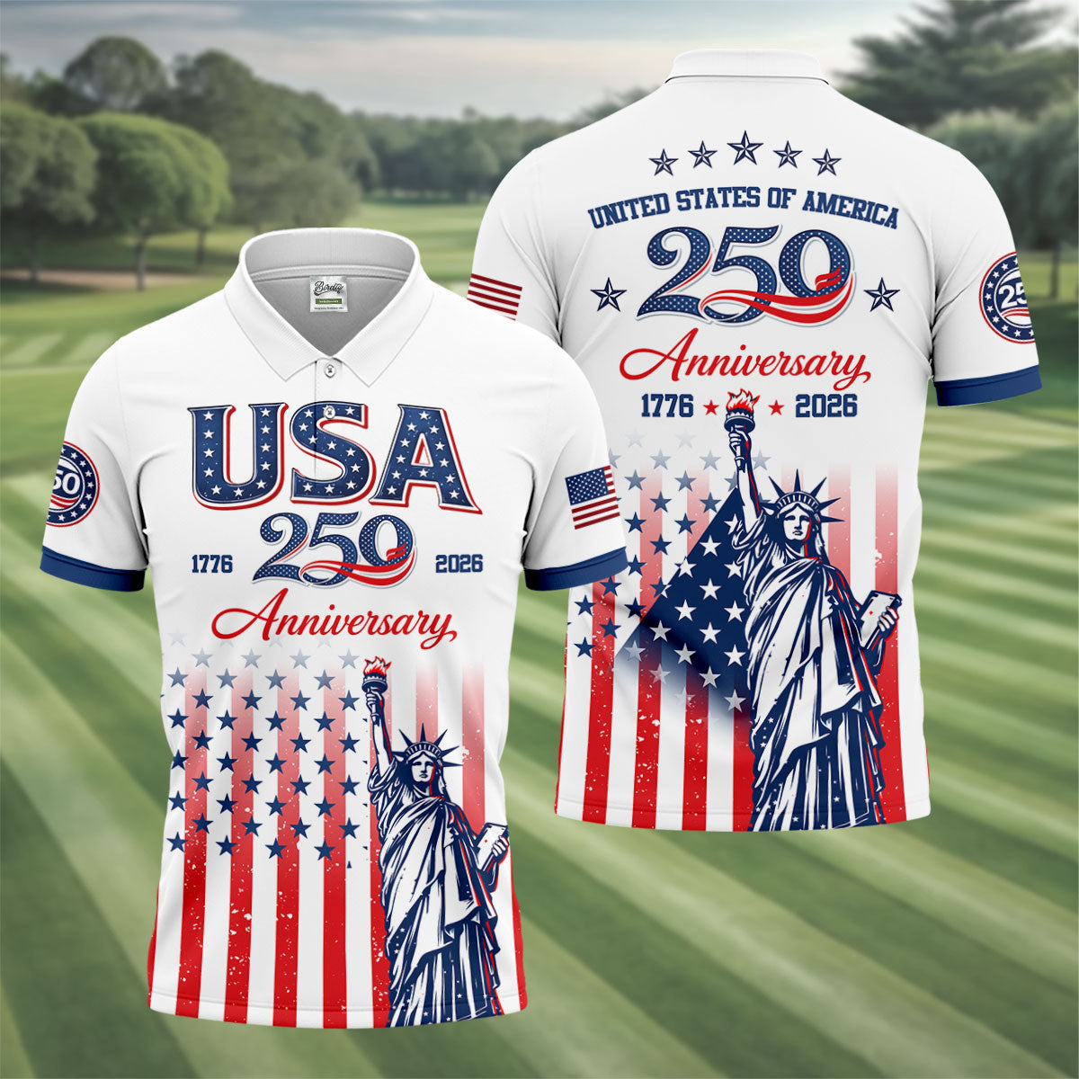 250 Anniversary Statue Of Liberty US Flag Golf Shirt, Patriotic 4th Of July Golf Shirts For Men