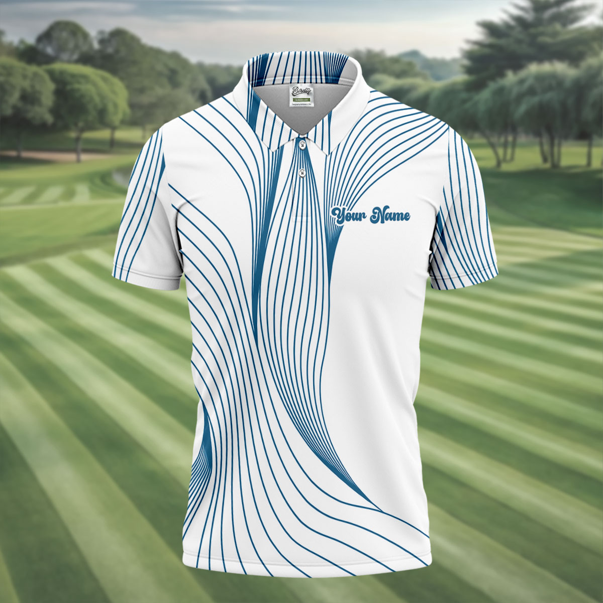 Geometric Line Wavy Line Blue And White Custom Name Golf Shirts For Men, Men's Golf Shirt, Polo ShirtFor Men