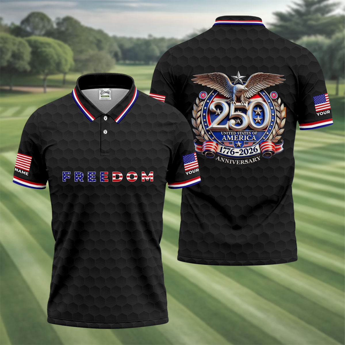 Freedom American Bald Eagle 250th Anniversary Black Golf Shirt, Patriotic 4th Of July Golf Shirts For Men
