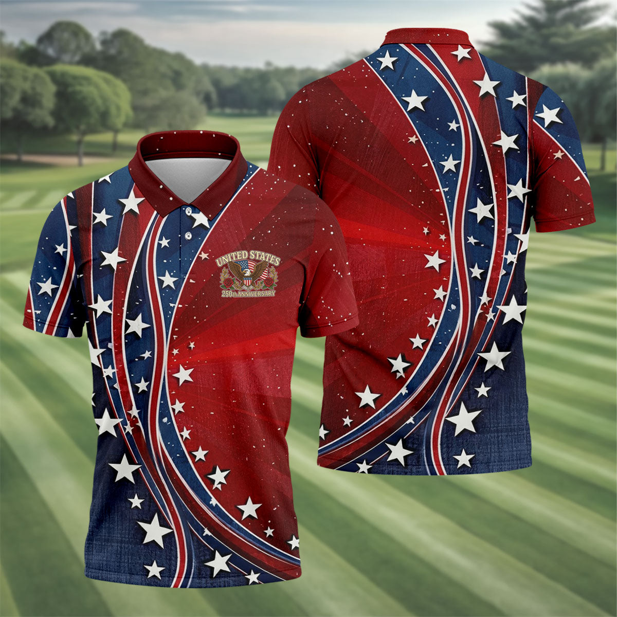US 250th Anniversary Red White Navy Stars And Stripes Patriotic Golf Shirt, 4th Of July Golf Shirts For Men