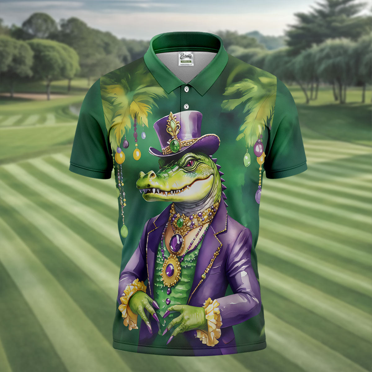 Mardi Gras Alligator Green Golf Shirt, Men's Funny Golf Shirts, Polo ShirtFor Men, Golf Shirts For Men