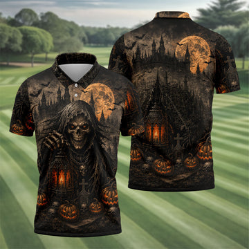 Grim Reaper Lantern Halloween Horror Character Polo Shirt, Mens Golf Polo, Mens Golf Apparel