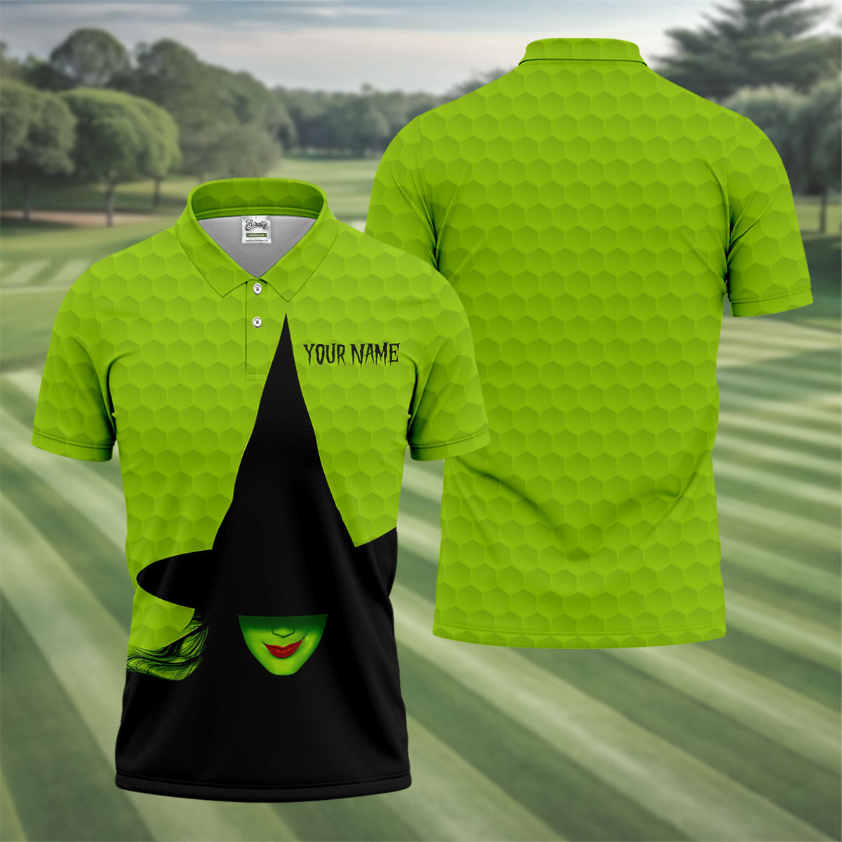 The Green Witch Golf Ball Pattern Golf Tops For Men, Spooky Vibe Men's Funny Golf Shirts, Halloween Golf Shirt