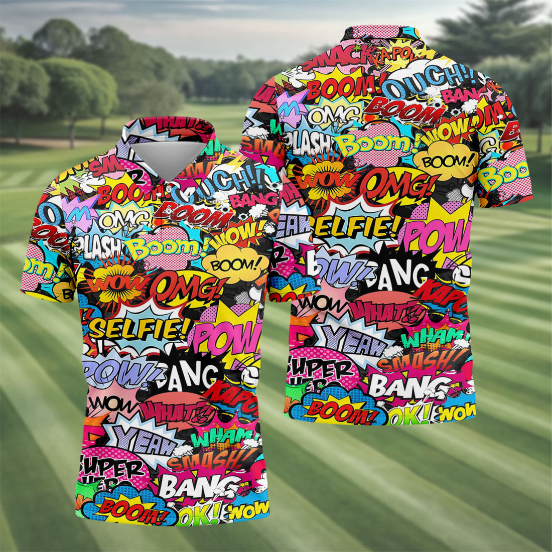 Comic Pop Art Golf Shirt, Retro Speech Bubble Pattern, Polo Shirts For Men