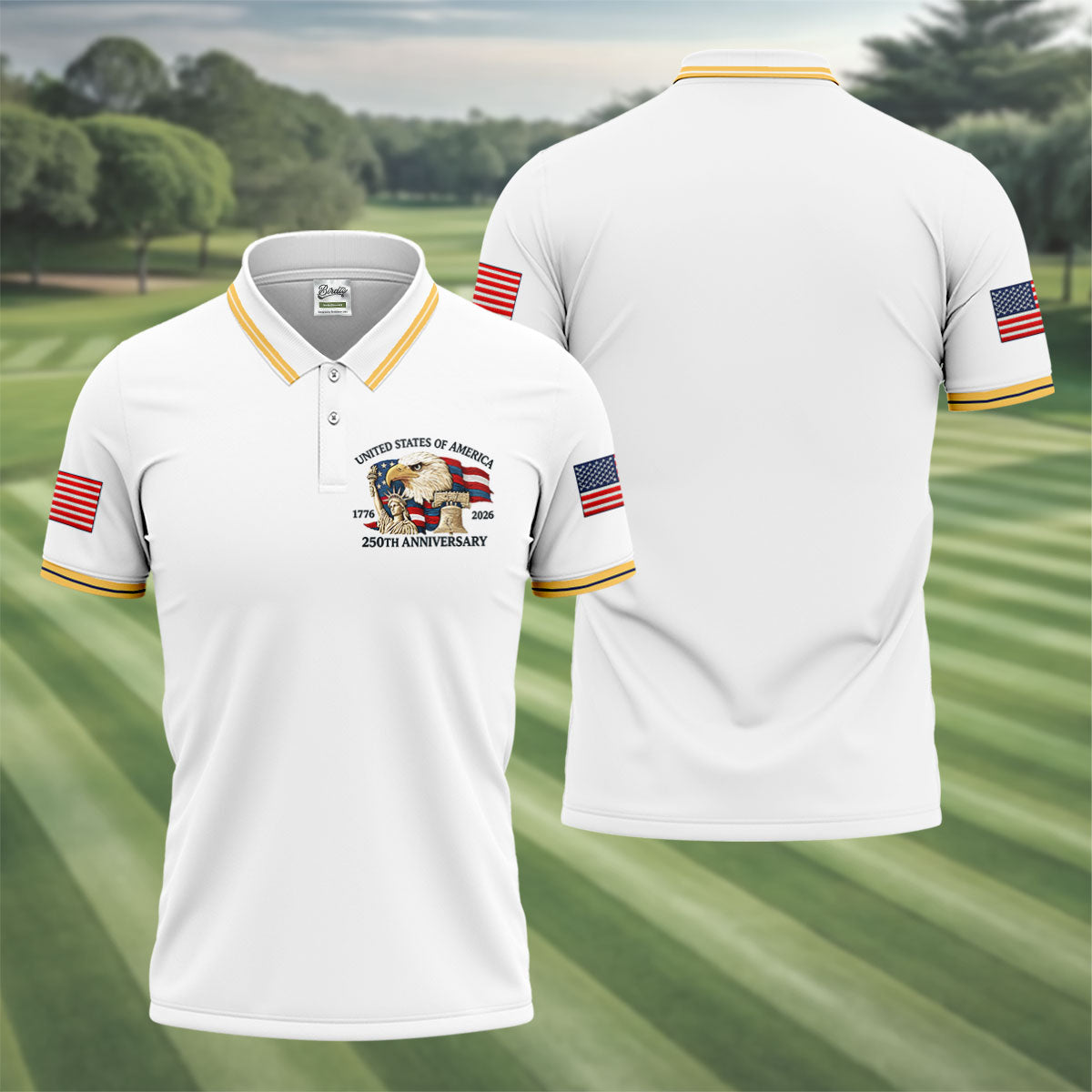 Bald Eagle American Flag 250 Years White Golf Shirt, Patriotic 4th Of July Golf Shirts For Men