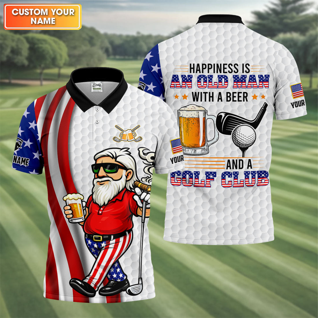 Happiness Is An Old Man With A Beer Funny 4th Of July White Golf Shirt, 250th Anniversary Golf Shirts For Men
