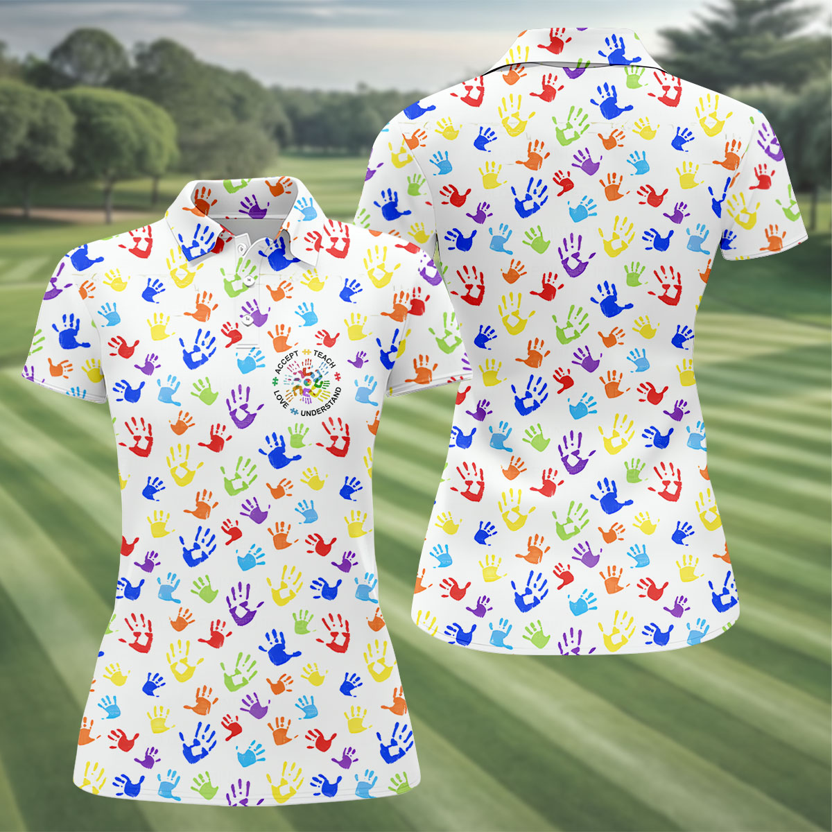 Accept Teach Understand Love Autism Awareness Colorful Handprint White Golf Shirt, Women's Golf Tops