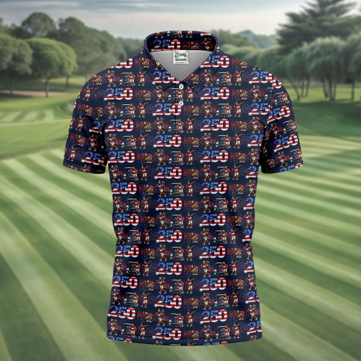 Funny Bigfoot Golf Pose Patriotic 4th Of July Black Golf Shirt, 250 Years Golf Shirts For Men