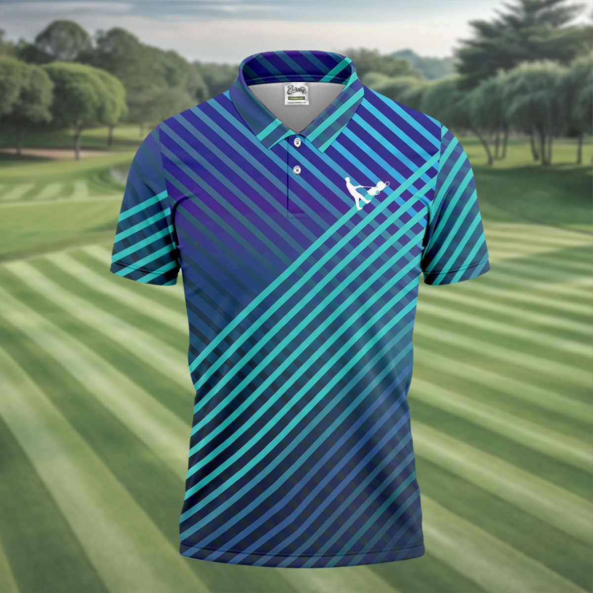 Teal And Purple Striped Pattern Golf Tops For Men, Performance Golf Shirt, Polo Shirt Men