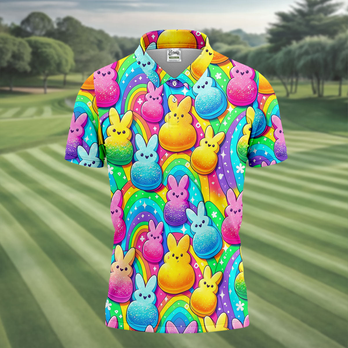 Colorful Easter Peeps Rainbow Pattern Golf Shirts For Men, Cute Golf Outfit, Polo ShirtFor Men