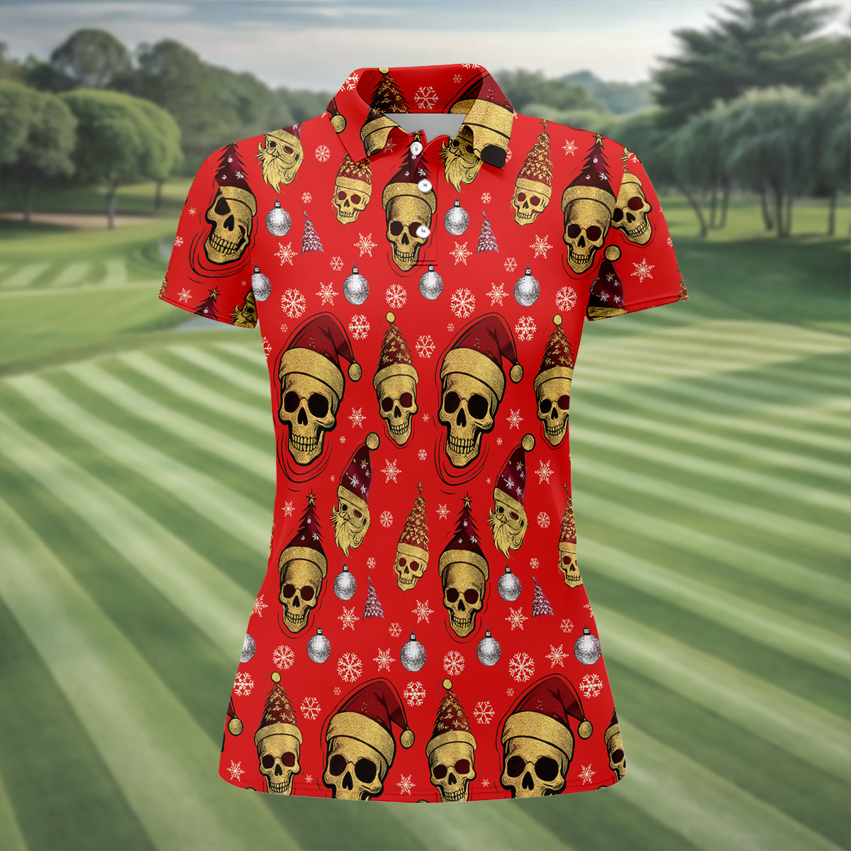 Vintage Skull Christmas Golf Shirt, Red Golf Shirt, Women's Golf Tops, Cool Golf Gift, Ladies Golf Shirts