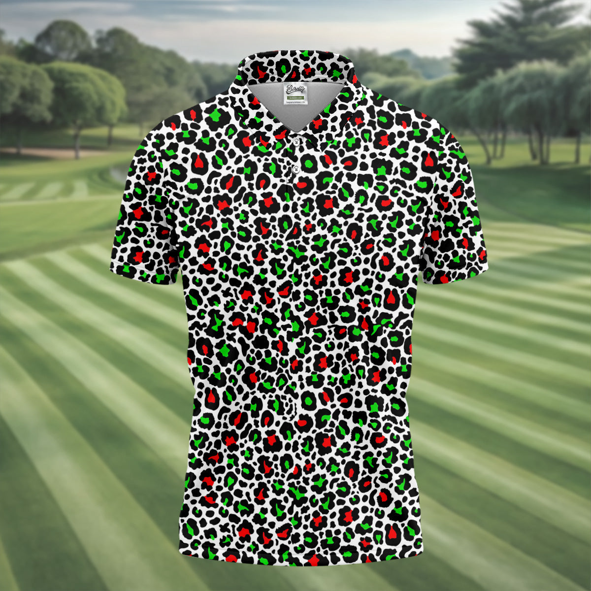 Leopard Pattern Xmas Pine Tree Green And Red Golf Tops For Men, Christmas Golf Shirt, Polo Shirt Men