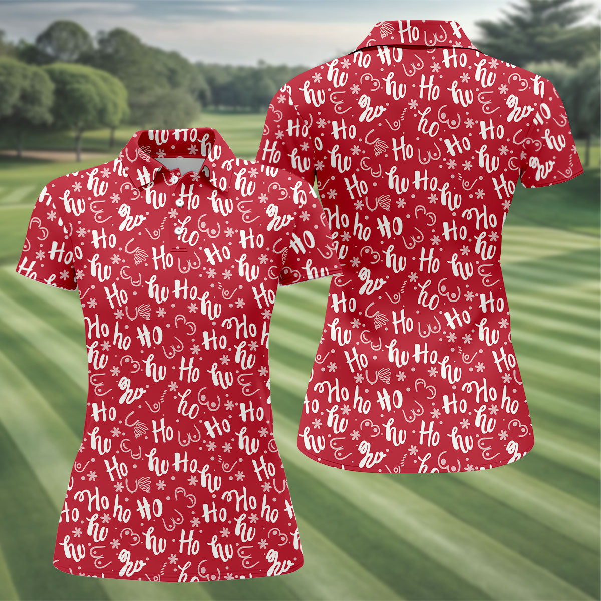 Funny Red Xmas Fun Womens Golf Shirts, Ladies Golf Tops, Christmas Golf Gift, Women's Polo Shirt