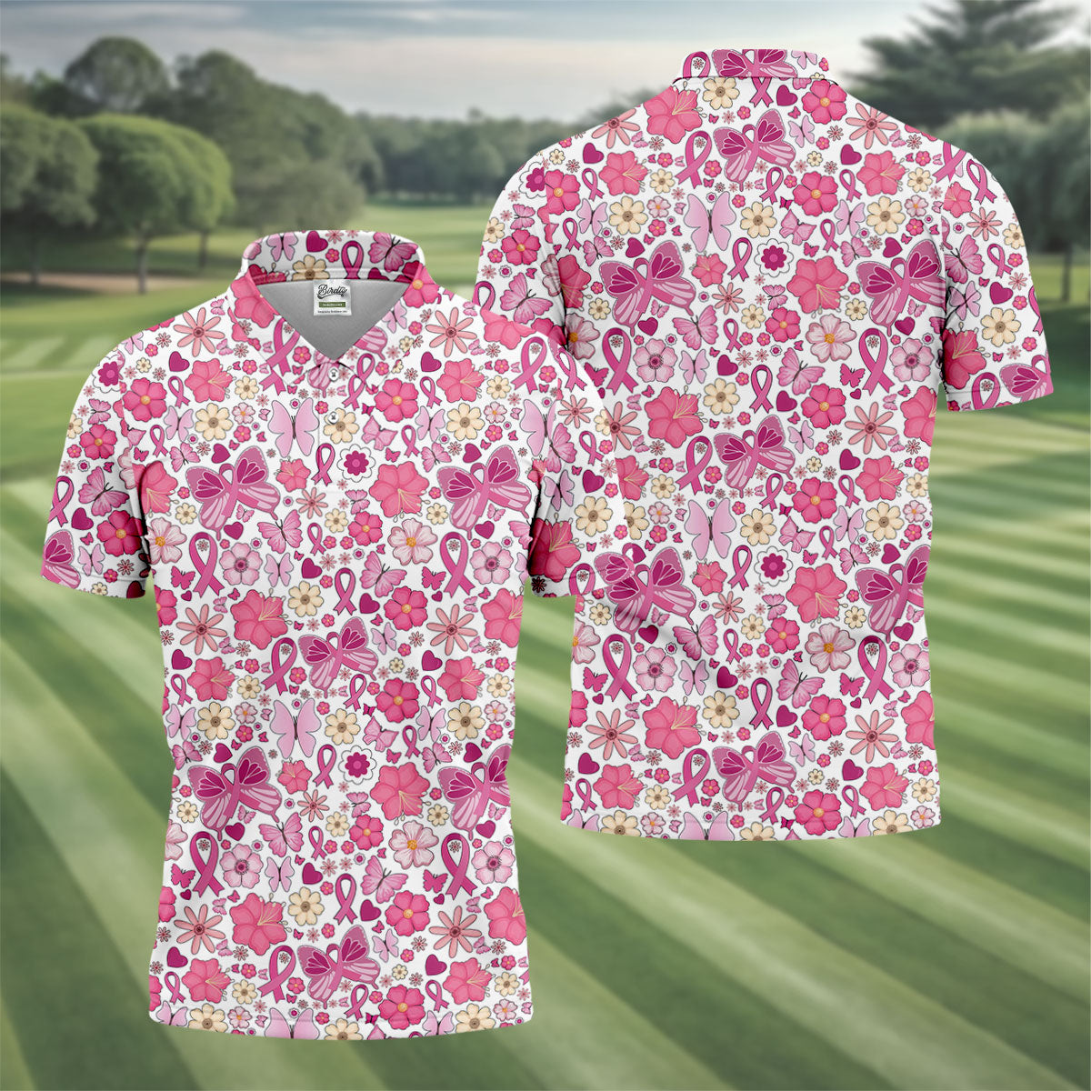 Breast Cancer Pink Ribbon Floral Golf Shirt, Cancer Awareness Shirt, Polo Shirtor Men, Golfing Apparel