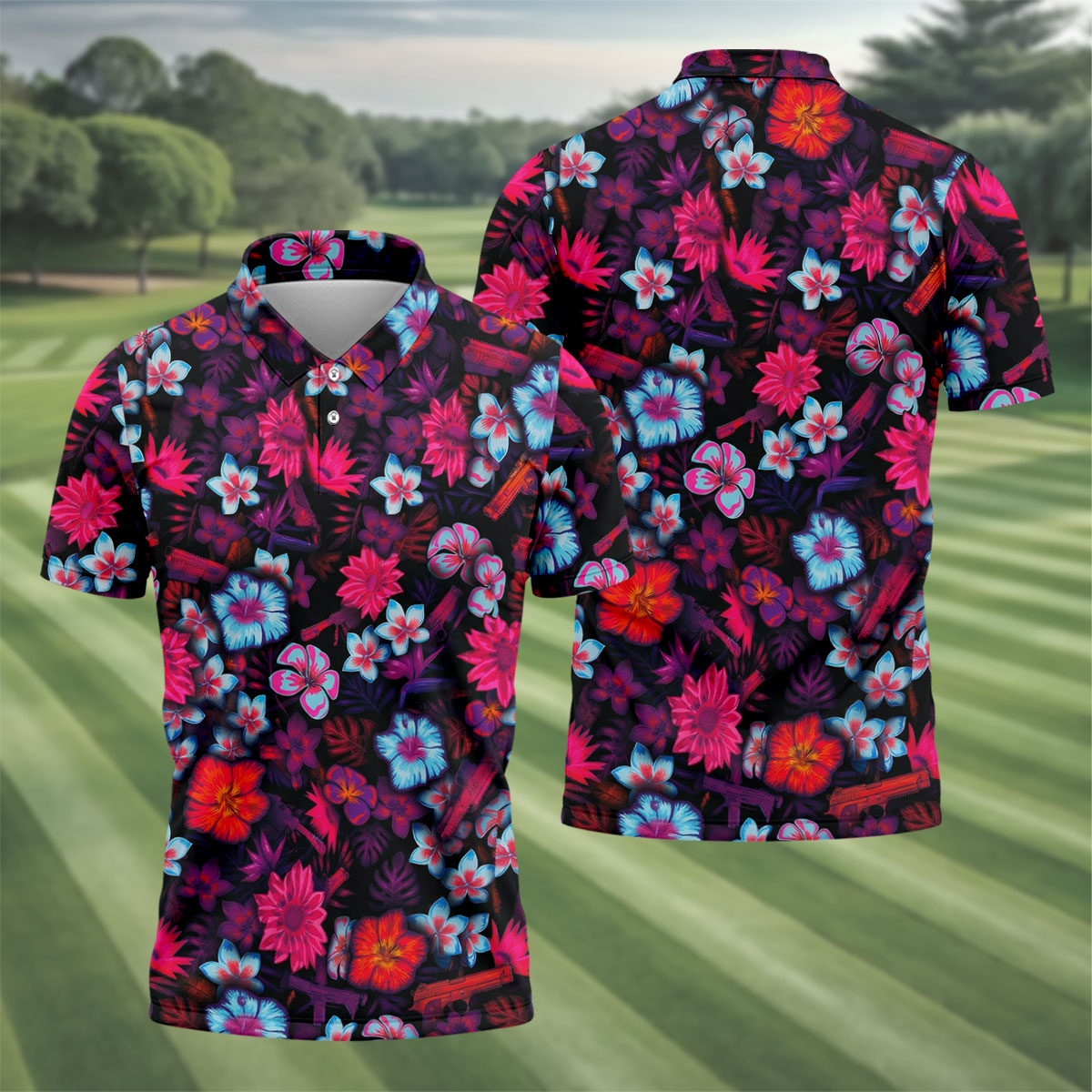 Colorful Hibiscus Tropical Floral Hawaiian Golf Shirt, Summer Vibe Golf Shirts For Men