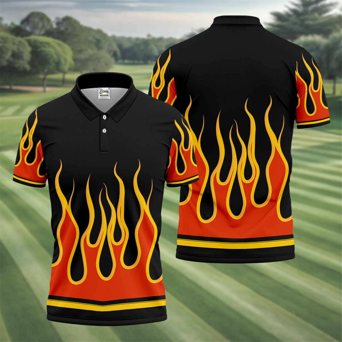 Black Orange Yellow Flame Sleeve Golf Shirt, Mens Golf Polo, Printed Golf Shirts