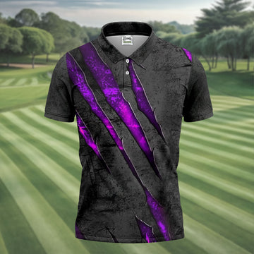 Purple Claw Marks Hawaiian Golf Shirt, Scratch Print Men's Golf Shirt, Polo Shirts For Men