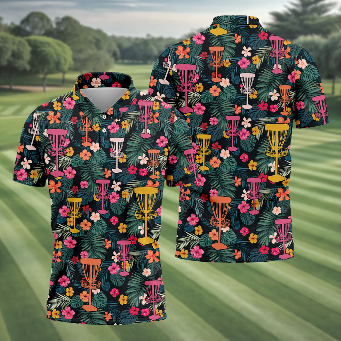 Dark Tropical Disc Golf Basket Polo Shirt, Printed Golf Shirts, Golf Apparel For Men