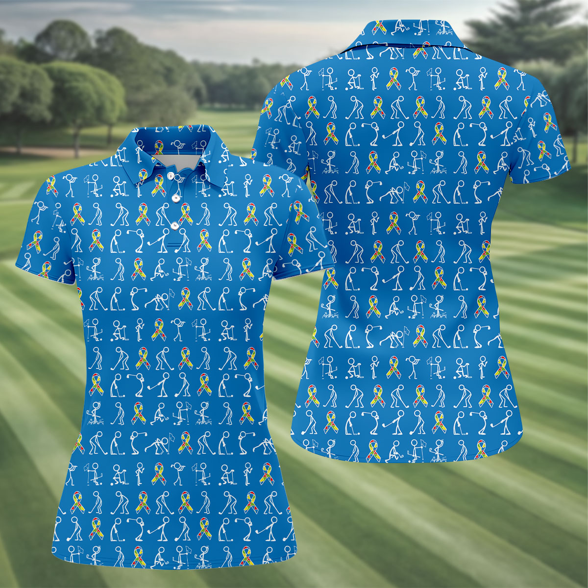 Stick Figure Golf Pose Autism Ribbon Blue Golf Shirt, Autism Awareness Colors Ladies Golf Polos