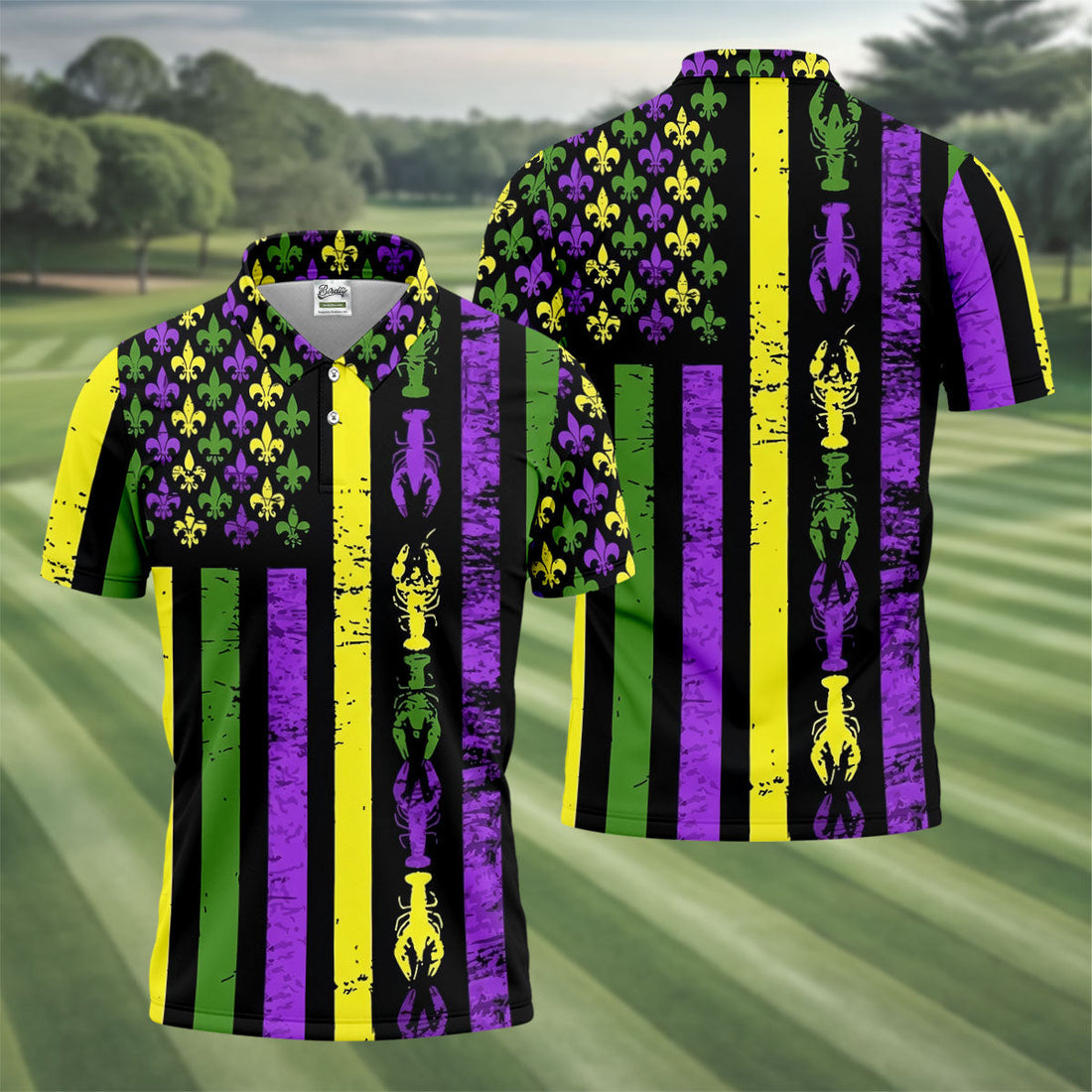 Mardi Gras Flag Fleur-De-Lis Symbol Crawfish Pattern Golf Tops For Men, Polo ShirtFor Men, Golf Shirts For Men