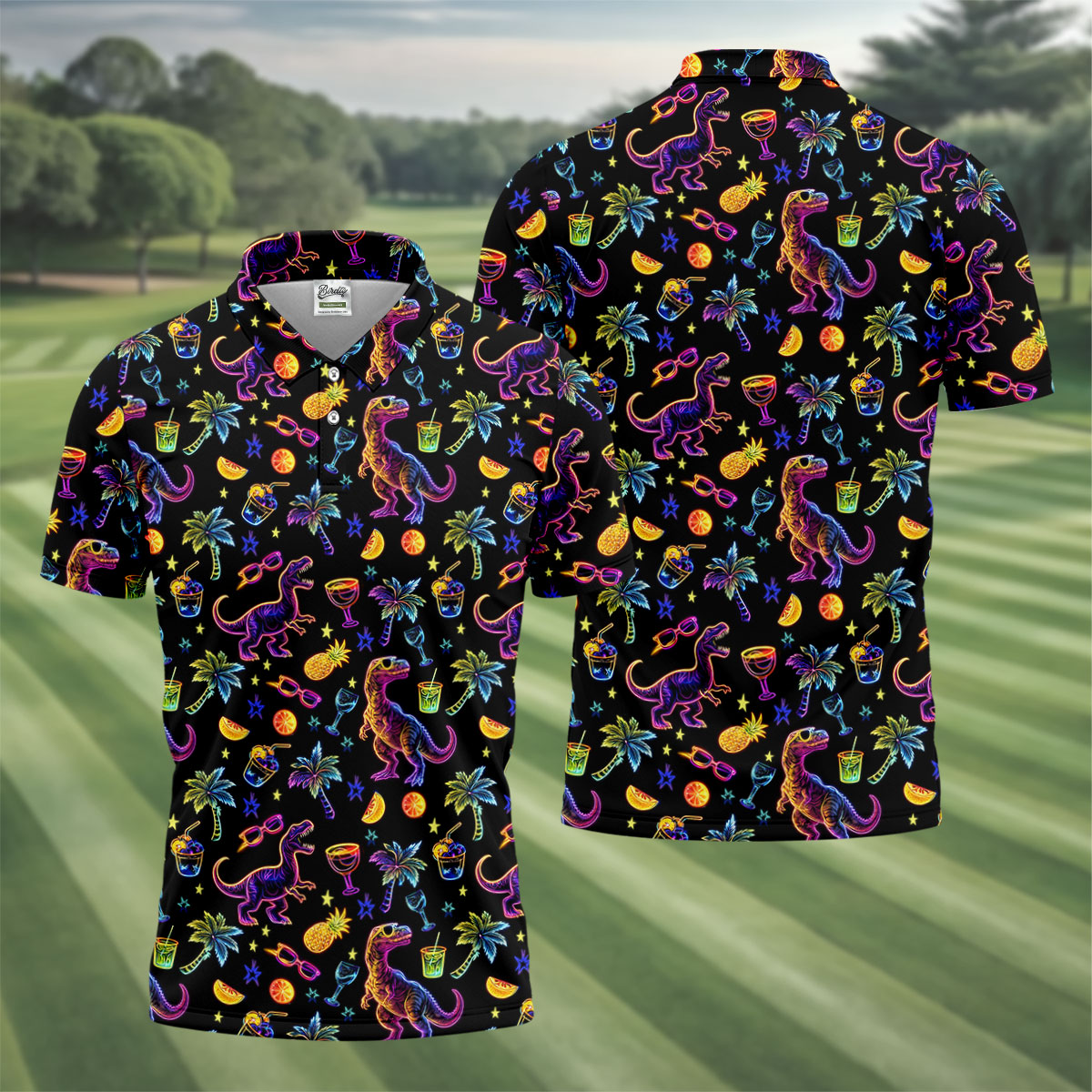 Neon Dinosaur Tropical Theme Hawaiian Golf Shirt, Polo Shirtor Men, Golfing Apparel