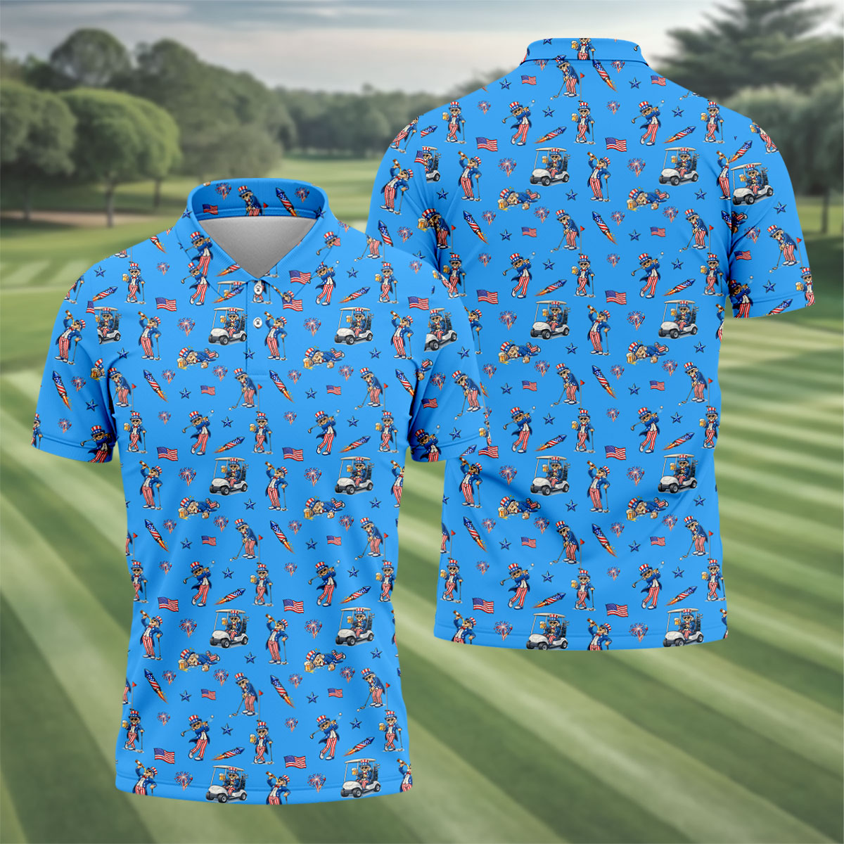Patriotic Man Golf And Beer Funny 4th Of July Blue Golf Shirt, 250 Years Seamless Pattern Golf Shirts For Men