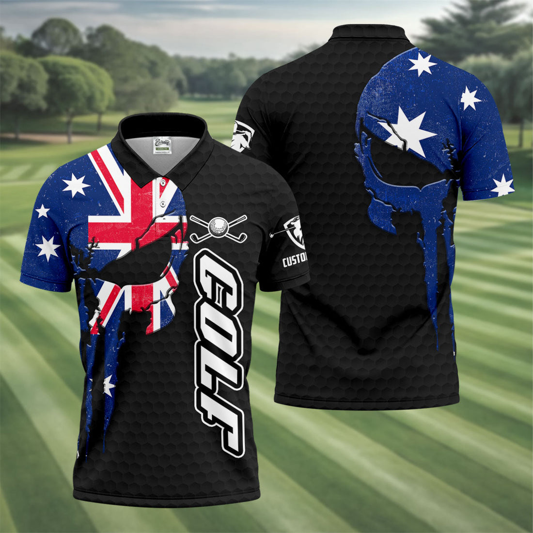 Cool Skull Golf Ball Pattern Australia Flag Print Black Golf Shirt, Polo Shirtor Men